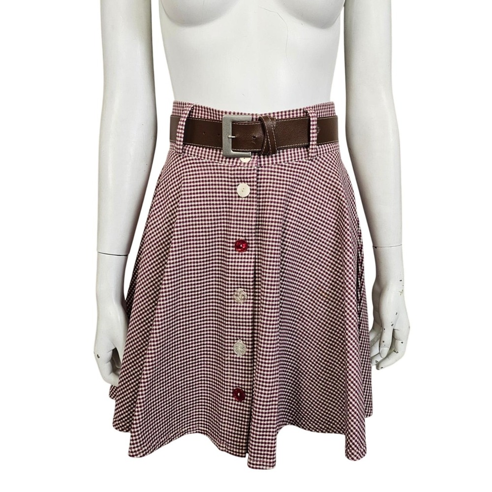 Vintage 90s EnChante Plaid Skater Skirt Jrs 7 Button Front Red White Gingham USA
